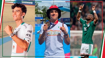 Collage con tres fotos de deportistas mexicanos: un ciclista sonriendo, un clavadista mostrando una medalla y un futbolista festejando.