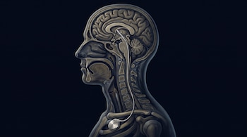 Corte lateral de la cabeza y el tórax humanos con un dispositivo en el pecho conectado mediante un cable al cerebro.