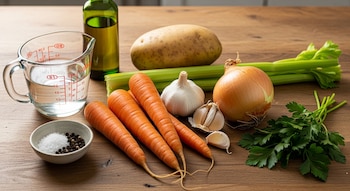 Ingredientes frescos sobre madera: zanahorias, cebolla, papa, apio, ajo, perejil, aceite, agua en jarra medidora y un cuenco con sal y pimienta.