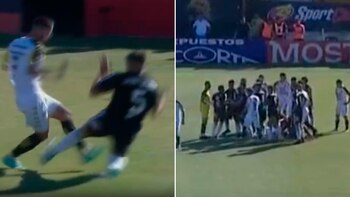 Arranque de locura en la semifinal por el ascenso entre Riestra y Almirante: patada temeraria, roja y pelea en apenas 2 minutos