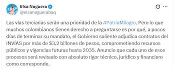 Noguera afirmó que las vías terciarias serán una prioridad y advirtió que cada proceso de Invías será revisado con rigor técnico, jurídico y financiero - crédito X
