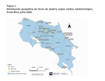 El mapa muestra la localización de focos activos, eliminados y residuales de malaria en Costa Rica, con énfasis en regiones del norte y el Caribe para junio de 2026 (Cortesía: Ministerio de Salud Costa Rica).