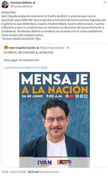 Gustavo Bolívar resaltó el liderazgo de Cepeda y su disposición al diálogo tras reconocer la derrota - crédito @GustavoBolivar/X