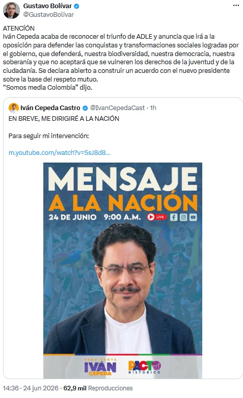 Gustavo Bolívar resaltó el liderazgo de Cepeda y su disposición al diálogo tras reconocer la derrota - crédito @GustavoBolivar/X