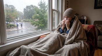 Una mujer con gorro de lana y una manta se limpia la nariz con un pañuelo de papel frente a una ventana con lluvia.
