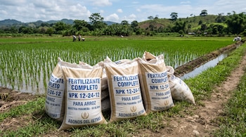 Cuatro sacos de fertilizante apilados en primer plano junto a un canal de agua y un cultivo de arroz con personas al fondo.