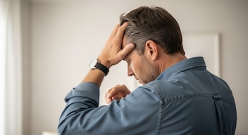 Hombre de espaldas a la cámara, con camisa de mezclilla azul, una mano en la cabeza y un reloj de pulsera en la muñeca izquierda.