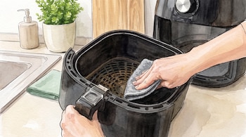 Ilustración de unas manos que limpian con un paño gris la cesta de una freidora de aire negra en una cocina.