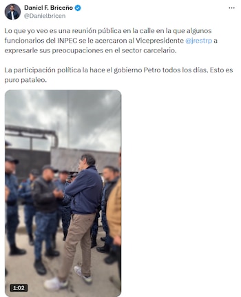 Daniel Felipe Briceño Montes respalda a Restrepo y critica la postura del gobierno frente al episodio. - crédito @Danielbricen/X