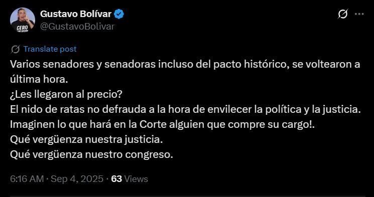 El exlegislador manifestó su descontento ante la reciente elección, señalando que la supuesta falta de ética y la posible corrupción ponen en duda la legitimidad del nuevo integrante del alto tribunal - crédito captura de pantalla / X