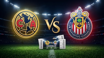 Escudos del Club América y Club Deportivo Guadalajara con las letras VS en dorado y dos entradas para el Clásico Nacional 2026 sobre césped.