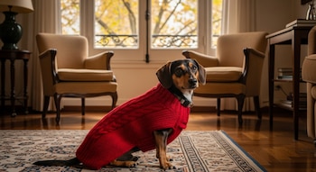 Perro pequeño negro y marrón con un abrigo rojo tejido sentado en una alfombra. Al fondo, una ventana con árboles otoñales y dos sillones beige.
