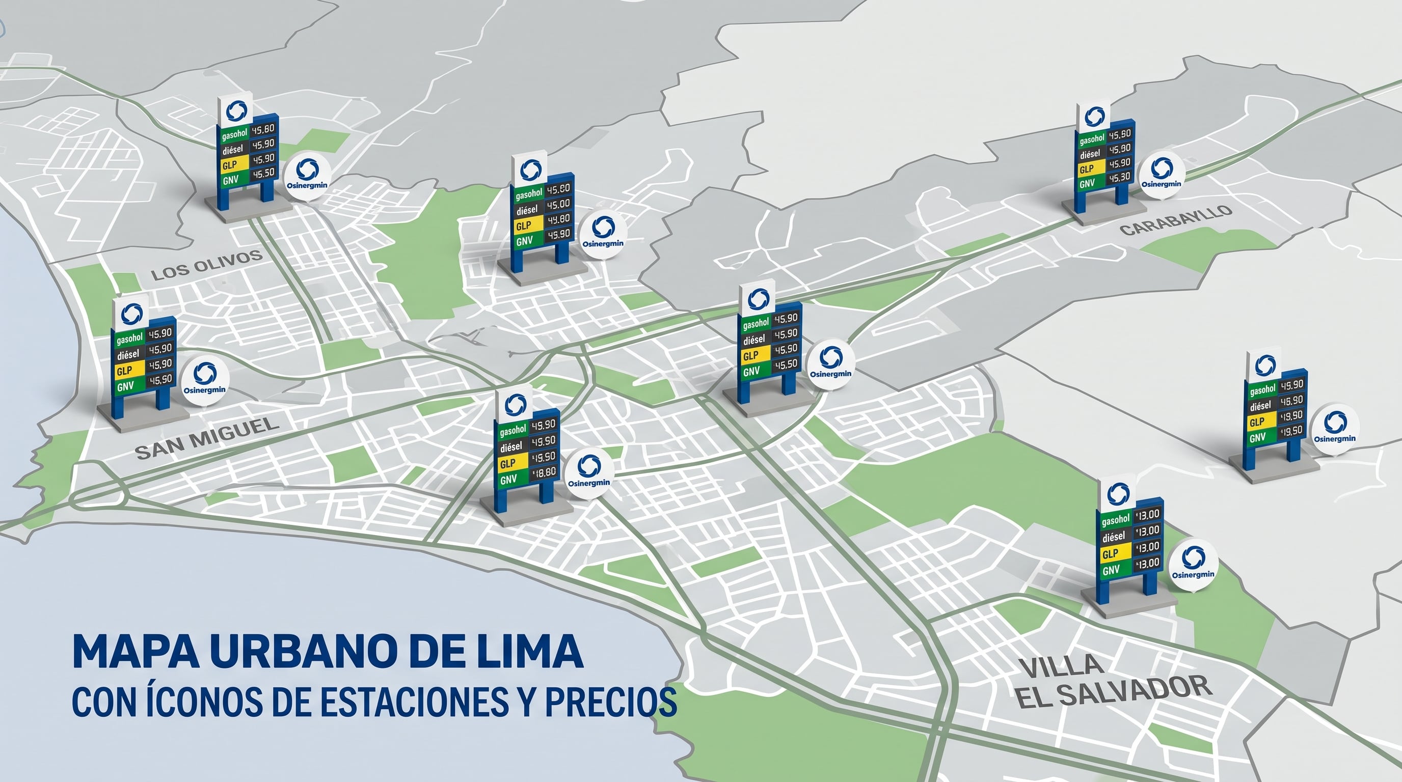 Un mapa de distritos de Lima señala las variaciones en las tarifas de combustibles según la información registrada por Osinergmin. (Imagen Ilustrativa Infobae)