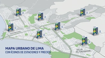 Ilustración de un mapa de Lima con carteles de precios de gasohol, diésel, GLP y GNV en varios distritos junto al logotipo de Osinergmin.