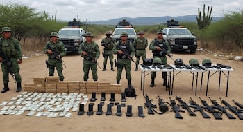 Siete soldados uniformados junto a drogas, dinero en efectivo, teléfonos móviles, armas de fuego largas y cortas, cascos y camionetas en un entorno rural.