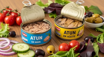 Dos latas de atún destapadas. Una es atún en agua, la otra atún en aceite. Hay tomates, pepino, cebolla, aceitunas y lechuga en mesa de madera.