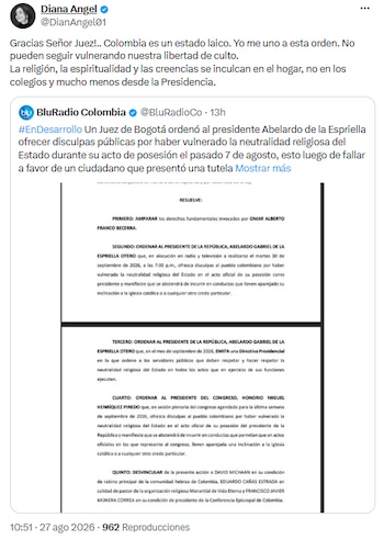 Actriz Diana Ángel celebra decisión que protege la libertad de culto - crédito @DianAngel01/X