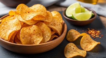 Un tazón de madera lleno de papitas crujientes y sazonadas se encuentra sobre una superficie oscura, junto a rodajas de lima y chile en hojuelas.