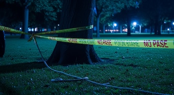 Primer plano de un árbol oscuro en un parque nocturno, con pasto verde y una cuerda en el suelo, cruzado por una cinta amarilla con el texto 'NO PASE' en rojo.
