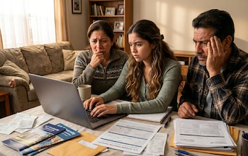 Una mujer joven, una mujer mayor y un hombre se sientan alrededor de una mesa, mirando una computadora portátil con documentos universitarios esparcidos. Todos lucen preocupados