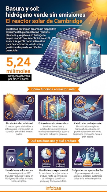 Infografía de un reactor solar que convierte residuos en hidrógeno, con paneles solares, botellas, hojas, el sol, y detalles de rendimiento y subproductos.