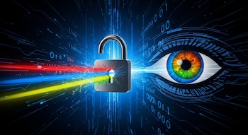 Cerradura digital semiabierta con grietas, atravesada por un haz de luz roja, azul, amarilla y verde. Un ojo digital con iris multicolor y código binario en fondo oscuro.