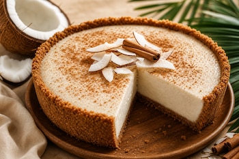 Un pay de coco con canela en polvo sobre un plato de madera, decorado con lascas de coco, canela en rama y un coco abierto al lado.