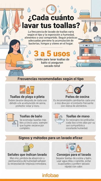 Infografía con título sobre lavado de toallas, una mujer, toallas de baño, cocina, mano y playa, y consejos de limpieza. Logotipo de Infobae.