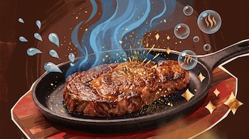 Ilustración de un filete de carne en una sartén con vapor azul, partículas doradas, gotas de agua y burbujas de aroma, sobre un fondo marrón rojizo.