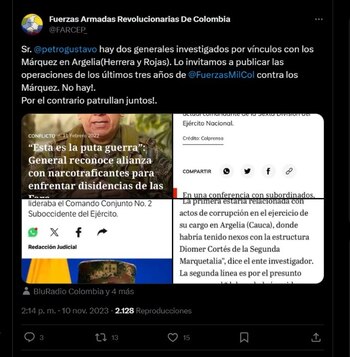 Las disidencias de las Farc señalaron a dos generales de ser sobornados por las disidencias de las Farc - crédito X
