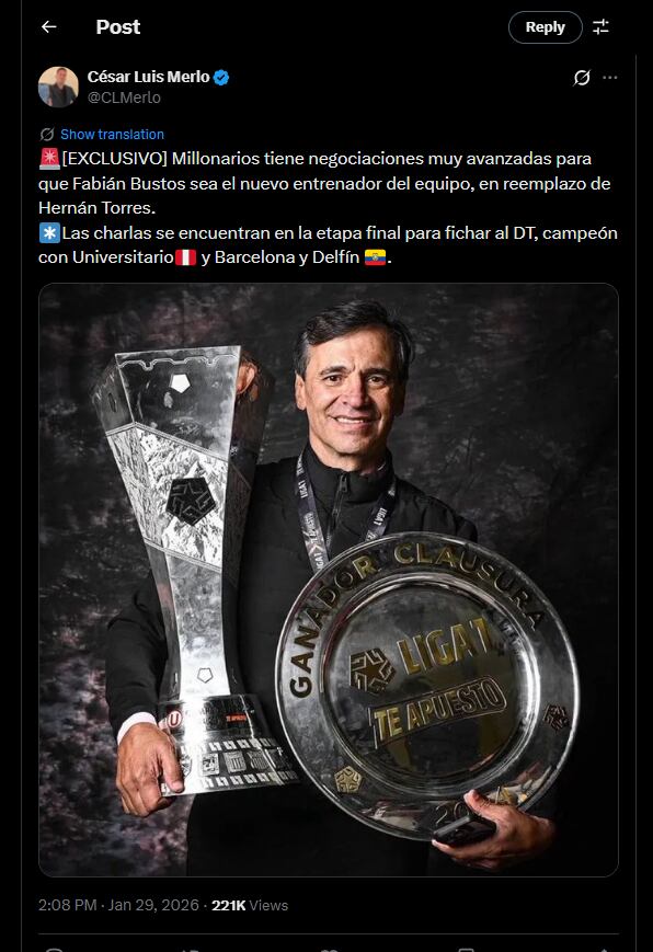 Merlo explicó que Fabián Bustos estaría en el radar de Millonarios - crédito @CLMerlo / X