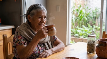Mujer adulta mayor con trenzas, blusa floral y rebozo, sosteniendo una taza humeante. Sobre una mesa de madera, un frasco con hojas secas y un jarro de barro.
