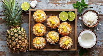 Vista cenital de siete muffins de piña y coco en una bandeja de madera, con una piña entera, limas, hojas de menta y coco fresco en un fondo de madera desgastada.