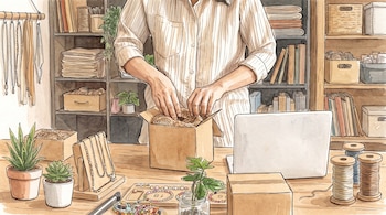 Ilustración de una persona que guarda objetos en una caja sobre una mesa junto a una computadora portátil, plantas, joyas y bobinas de hilo.