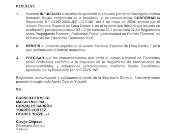 JNE confirma infracción de Rosangella Barbarán