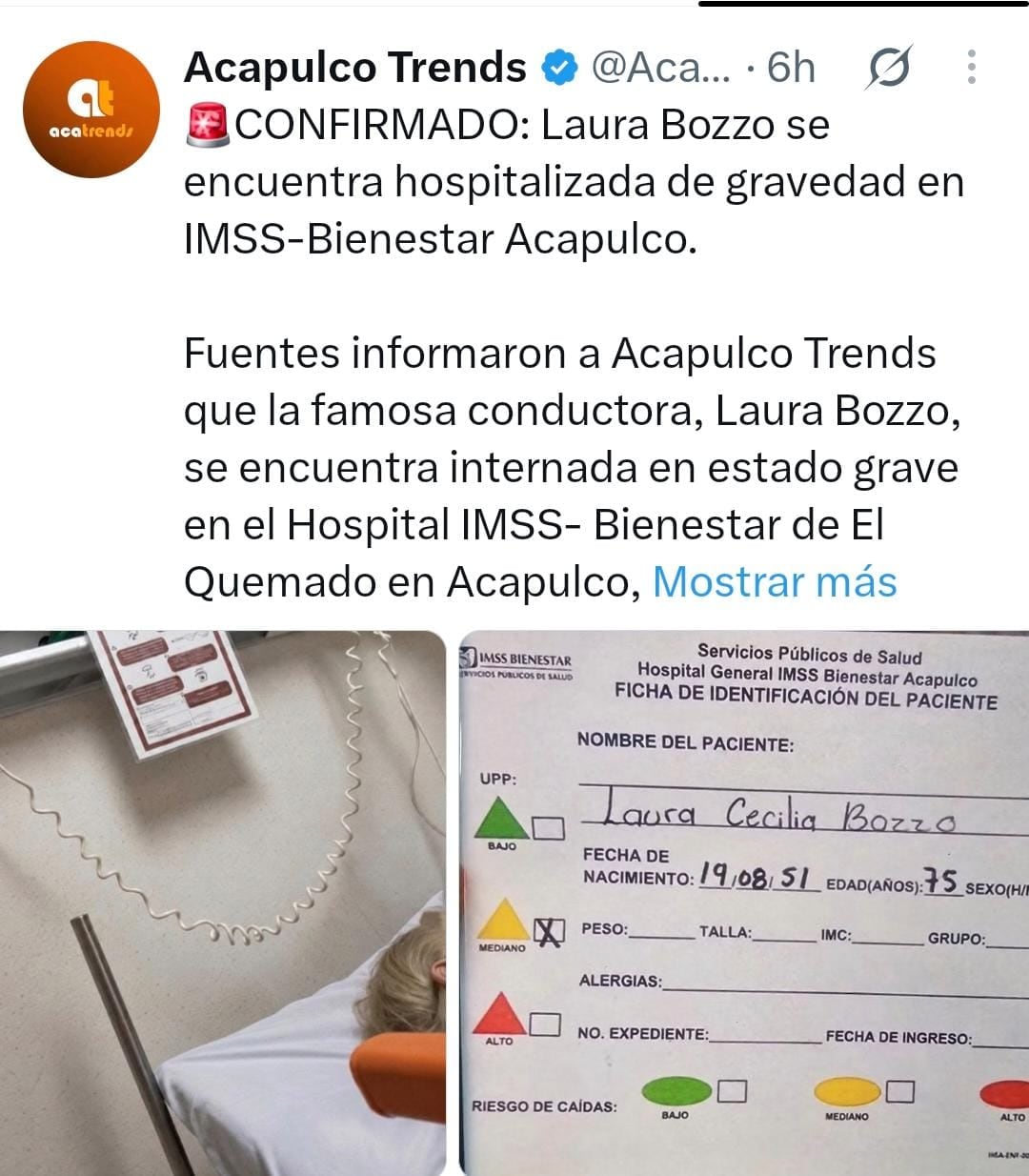 Una publicación en redes sociales difunde la ficha de identificación médica de la conductora Laura Bozzo en un hospital de Acapulco. (X: Acapulco Trends)