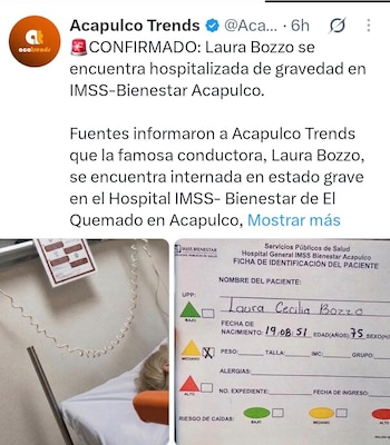 Captura de pantalla de un mensaje en red social con imágenes de una cama de hospital y una ficha médica a nombre de Laura Cecilia Bozzo