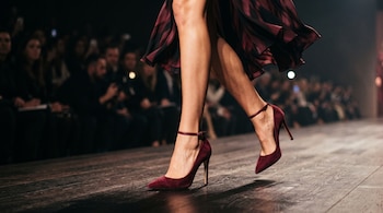 Piernas de una persona que camina sobre una pasarela de madera vistiendo zapatos de tacón de color borgoña con público al fondo.