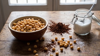 Tazón con garbanzos cocidos, montículo de cacao en polvo, frasco de azúcar con cuchara en mesa de madera. Garbanzos, cacao y azúcar esparcidos. Ventana al fondo.
