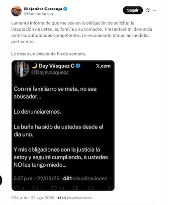 El abogado Alejandro Carranza anunció que denunciará a Day Vásquez y su familia por presuntas acciones delictivas - crédito @HombreJurista/X