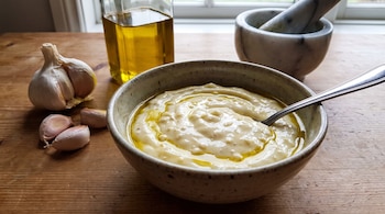 Un cuenco con mayonesa, una cuchara, una cabeza de ajo, dientes de ajo, una botella de aceite de oliva, un mortero y un pilón sobre una tabla de madera.