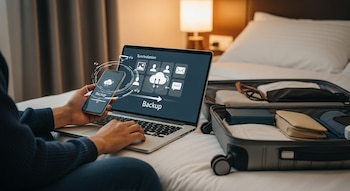 Persona haciendo backup de su smartphone en un portátil, con iconos de sincronización en la pantalla. Una maleta abierta con ropa y objetos está en la cama de un hotel.