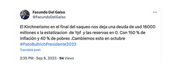 Tuit de Facundo Del Gaiso