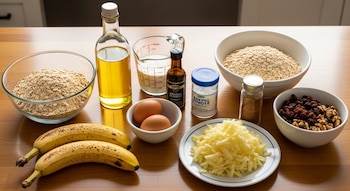 Dos plátanos, dos huevos, aceite, leche, esencia de vainilla, polvo de hornear, manzana rallada, canela, pasas de uva, nueces y avena en cuencos sobre una mesa de madera.