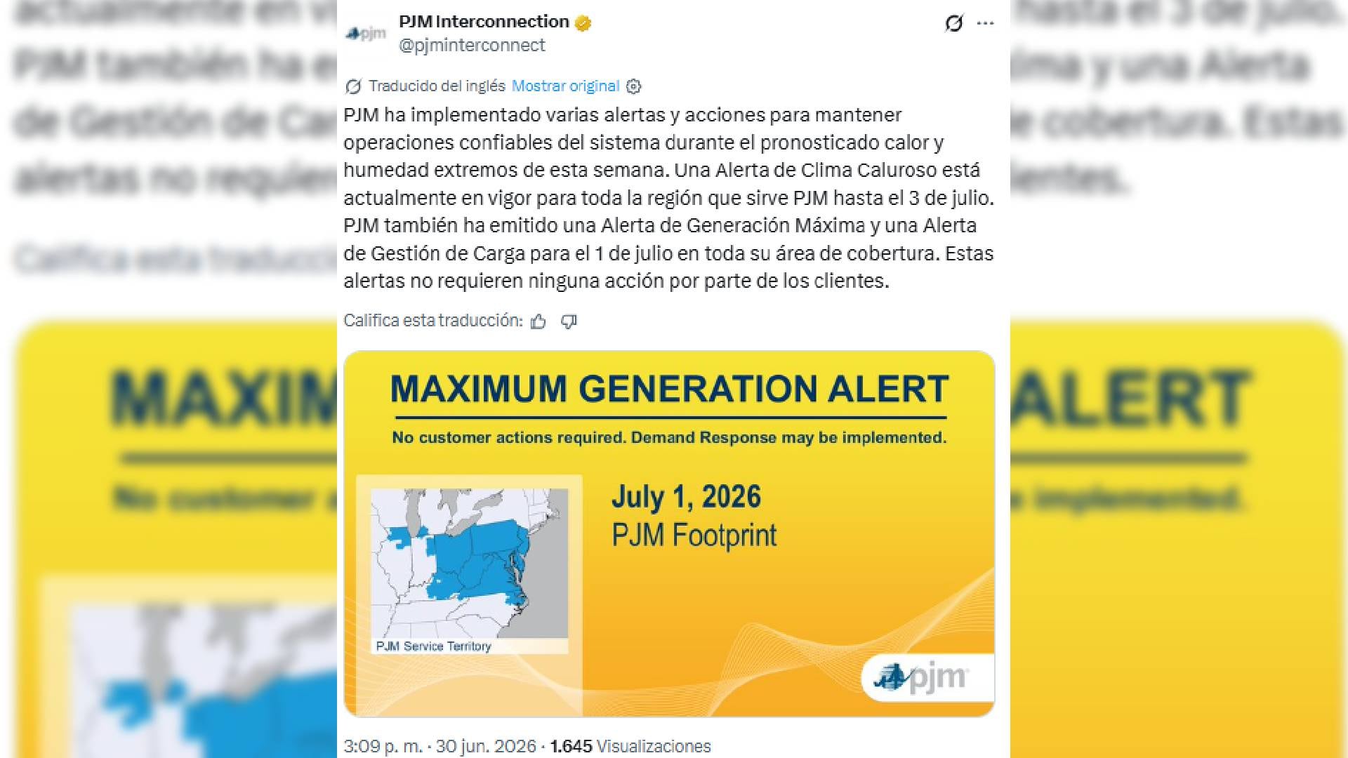 La entidad PJM Interconnection comunica una alerta de generación máxima para su territorio de servicio en el este de Estados Unidos, programada para el 1 de julio de 2026 (PJM Interconnection)