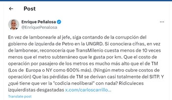 Enrique Peñalosa le responde a Carlos Carrillo en su cuenta de X - crédito @EnriquePenalosa