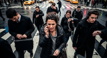 Grupo de personas cruza una calle mojada con pasos de cebra. Una mujer al frente habla por teléfono con expresión de angustia; otros miran sus relojes. Taxis amarillos al fondo.
