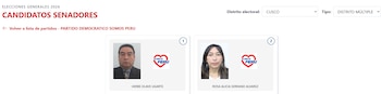 Página web con dos perfiles de candidatos al Senado por Cusco, Herbe Olave Ugarte y Rosa Alicia Serrano Álvarez, con fotos de rostro y logo de Somos Perú