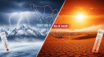 Imagen dividida muestra un lado con montañas nevadas, relámpagos y -5°C, y otro con desierto agrietado, sol intenso y 40°C, sobre un mapa de México.