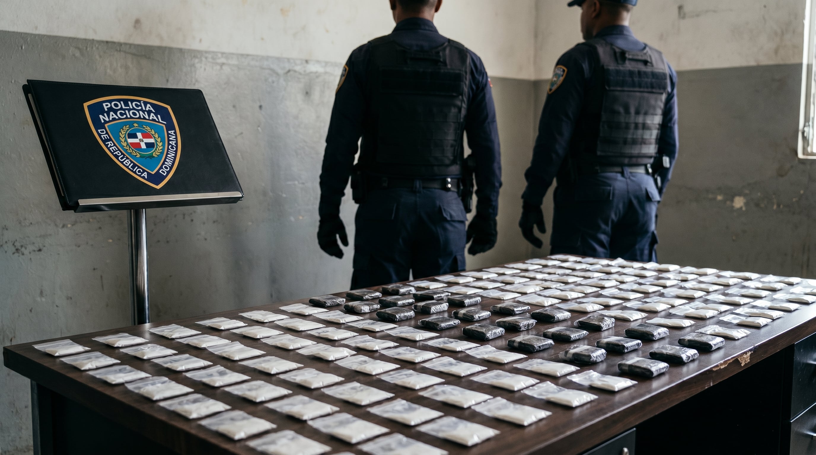Agentes de la Policía Nacional de República Dominicana presentan una mesa cubierta con múltiples paquetes de drogas incautadas, destacando el éxito de una operación contra el narcotráfico en el país. (Imagen Ilustrativa Infobae)